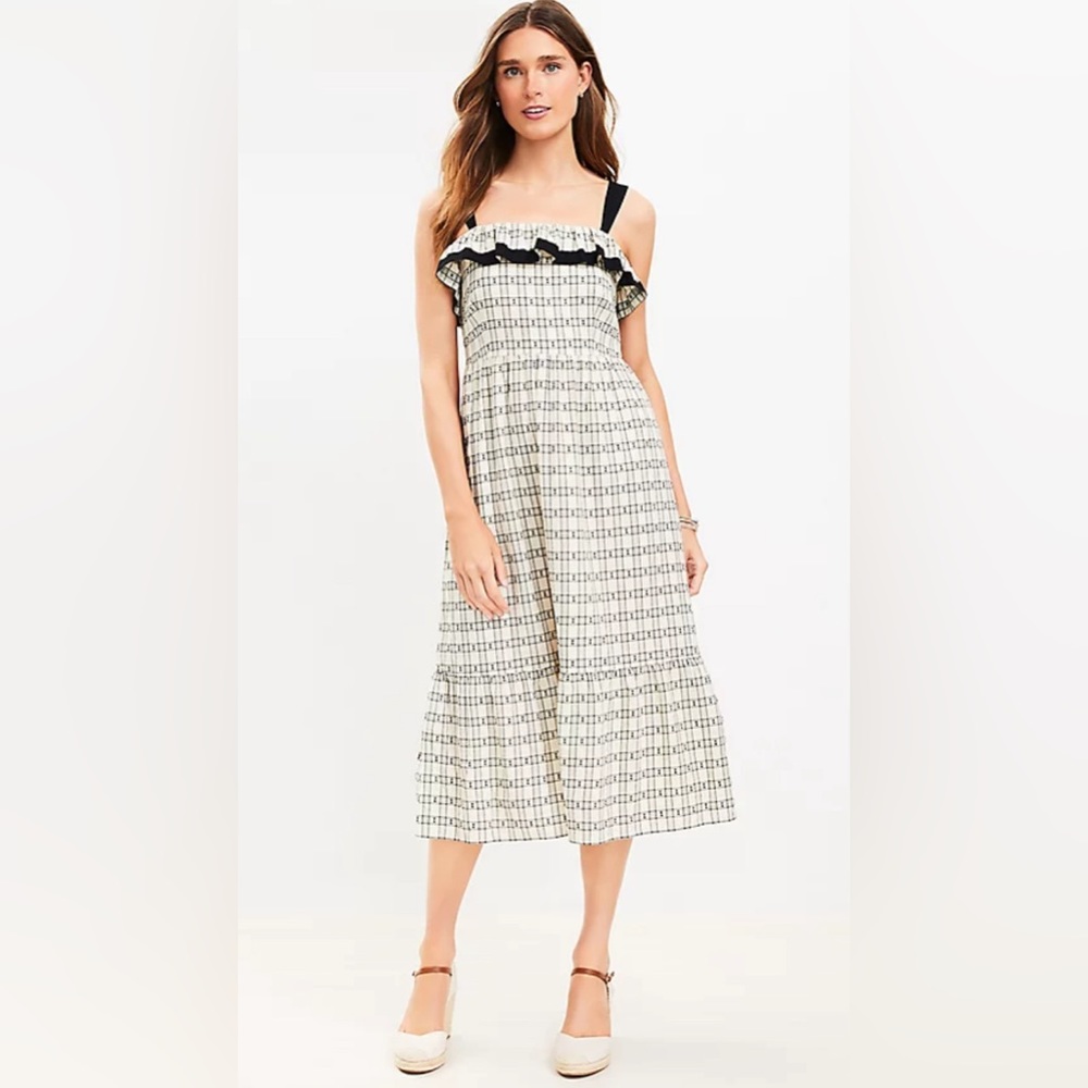 Loft - Plaid Ruffle Midi Dress, size 4, new with tags